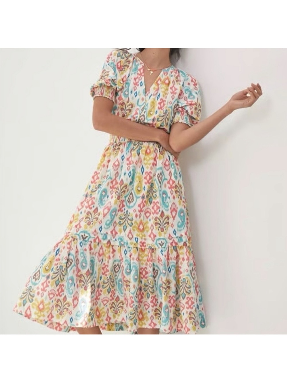 Anthropologie Felipa Midi Dress Small P Nancy Print Ikat Boho Puff Sleeve Maxi